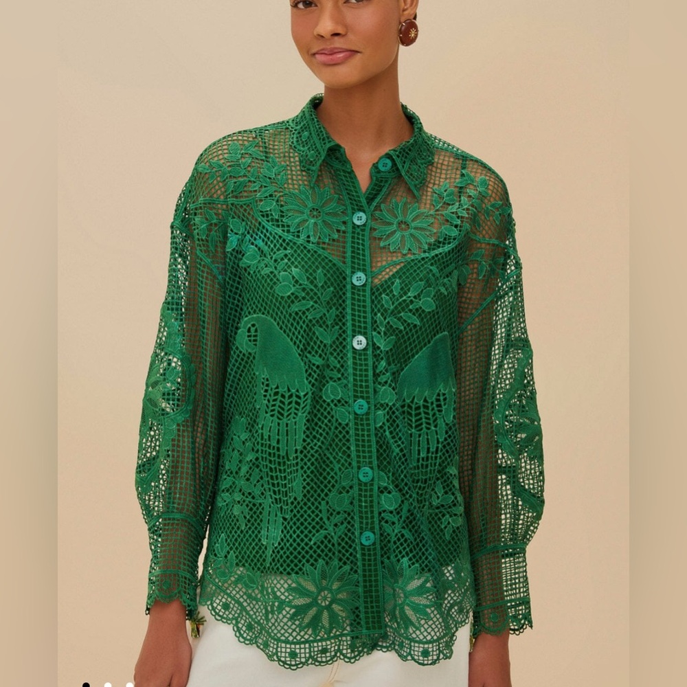 FARM Rio Green $270 Landscape Guipure Lace Women's Blouse S Long Sleeve Collared